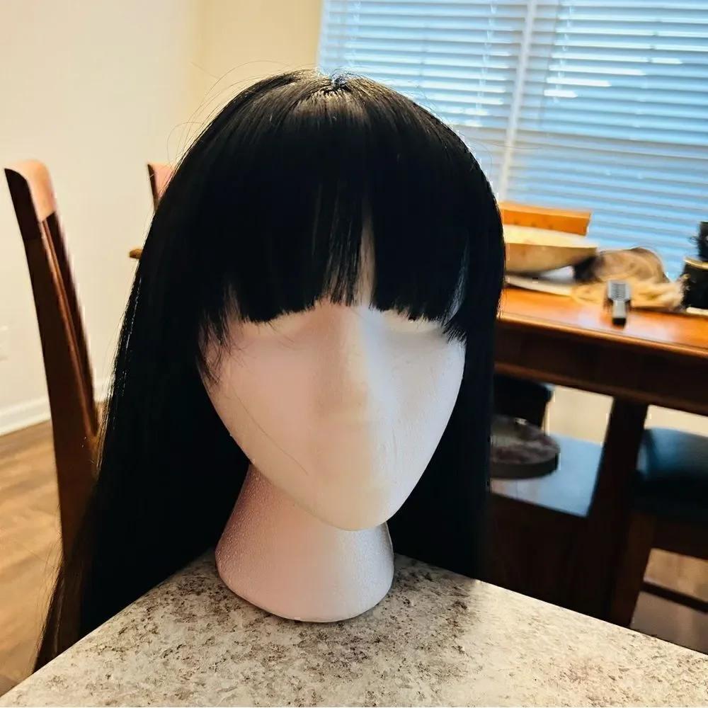 Long black synthetic wig with bangs